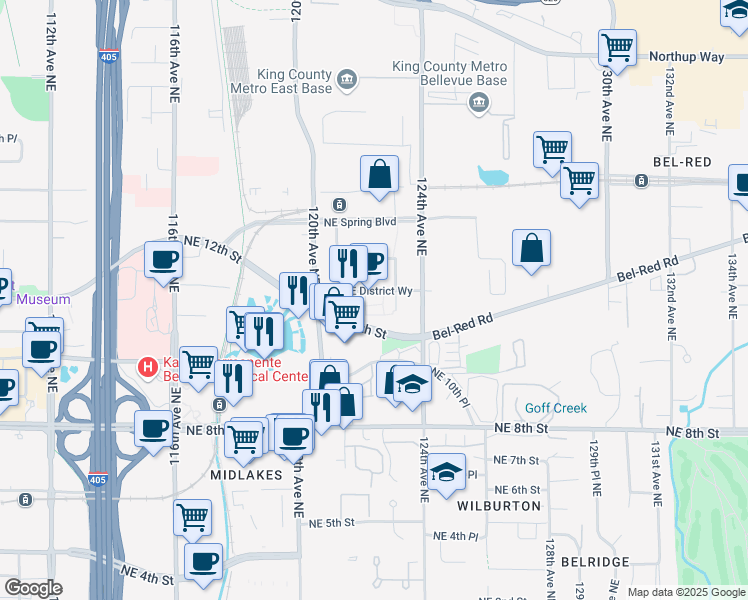 map of restaurants, bars, coffee shops, grocery stores, and more near 12299 NE District Way in Bellevue