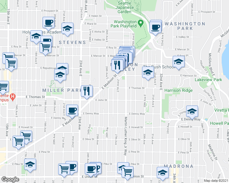 map of restaurants, bars, coffee shops, grocery stores, and more near 204 26th Avenue East in Seattle