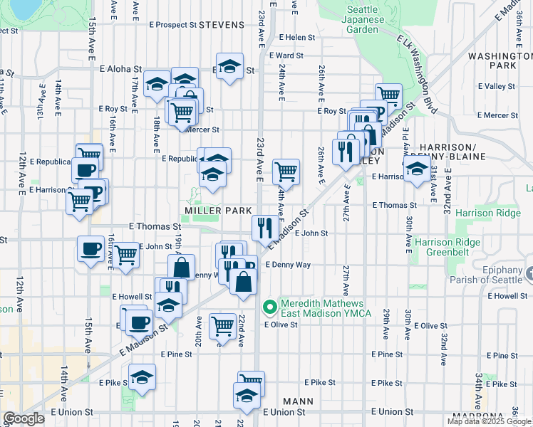 map of restaurants, bars, coffee shops, grocery stores, and more near in Seattle
