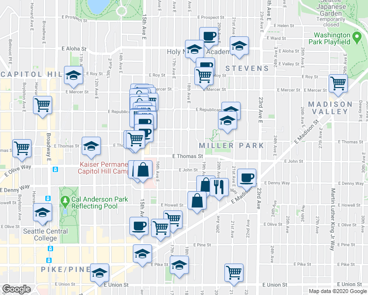 map of restaurants, bars, coffee shops, grocery stores, and more near 302 18th Avenue East in Seattle