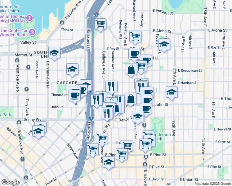 map of restaurants, bars, coffee shops, grocery stores, and more near 226 Summit Avenue East in Seattle