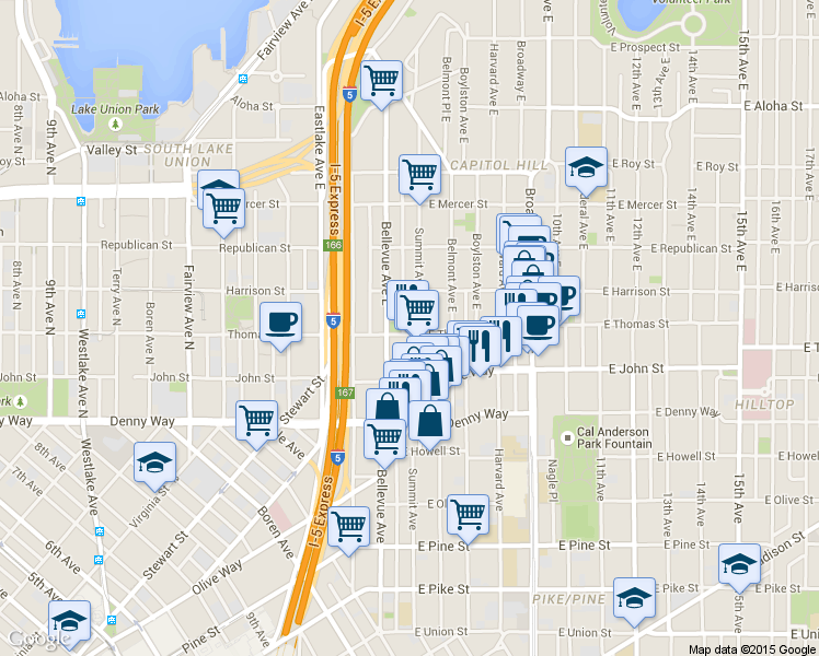 map of restaurants, bars, coffee shops, grocery stores, and more near 226 Summit Avenue East in Seattle