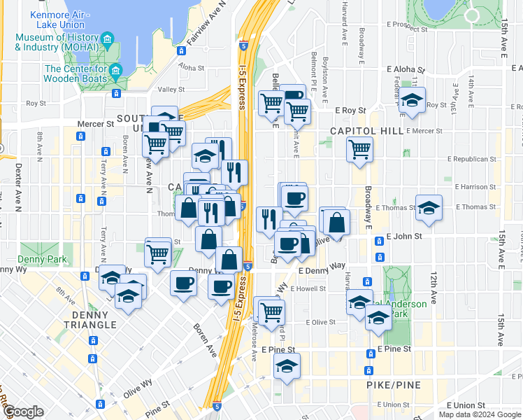 map of restaurants, bars, coffee shops, grocery stores, and more near 170 Melrose Avenue East in Seattle