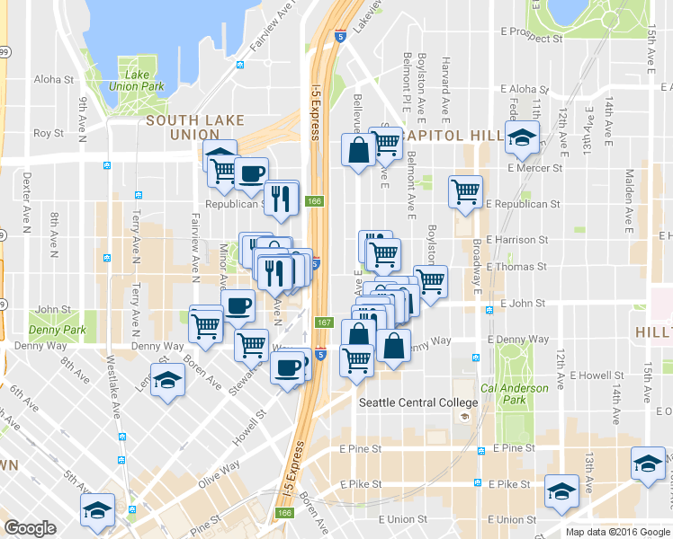map of restaurants, bars, coffee shops, grocery stores, and more near 170 Melrose Avenue East in Seattle