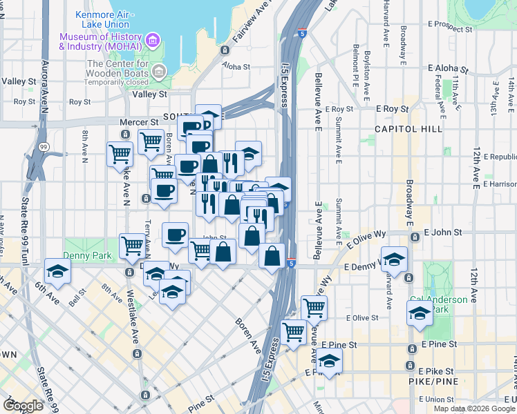 map of restaurants, bars, coffee shops, grocery stores, and more near in Seattle