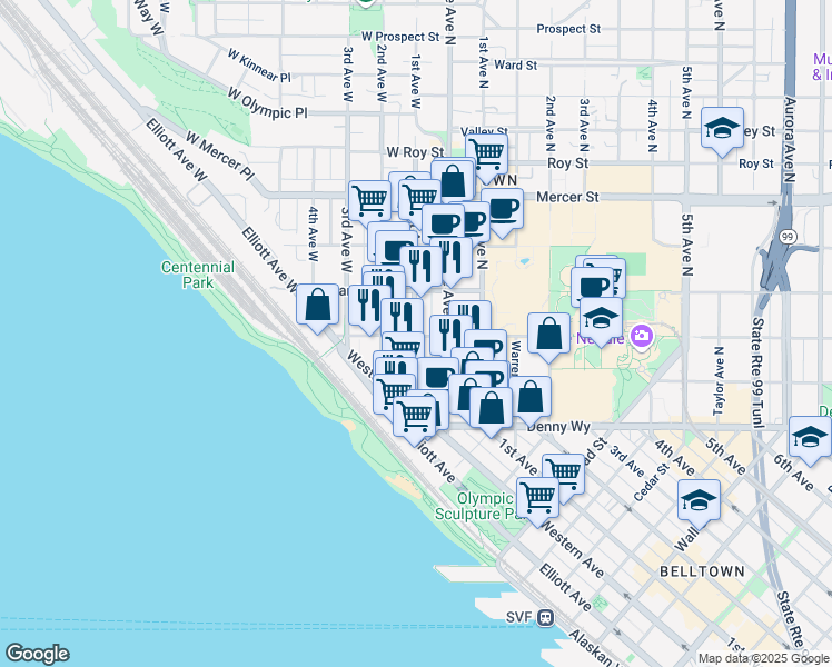 map of restaurants, bars, coffee shops, grocery stores, and more near 221 1st Avenue West in Seattle