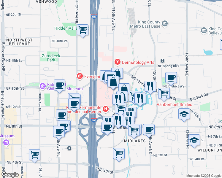 map of restaurants, bars, coffee shops, grocery stores, and more near 1231 116th Avenue Northeast in Bellevue