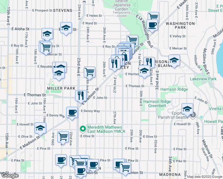 map of restaurants, bars, coffee shops, grocery stores, and more near 204 26th Avenue East in Seattle