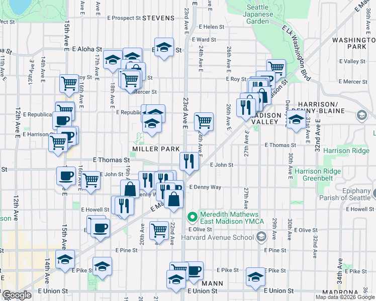 map of restaurants, bars, coffee shops, grocery stores, and more near 224 23rd Avenue East in Seattle