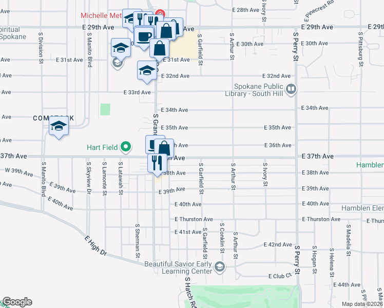 map of restaurants, bars, coffee shops, grocery stores, and more near 808 East 37th Avenue in Spokane