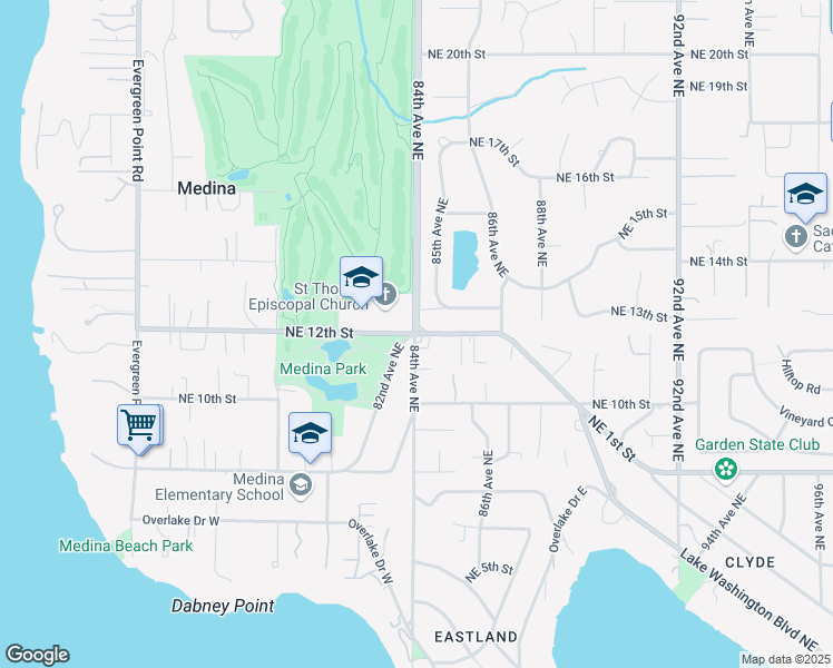 map of restaurants, bars, coffee shops, grocery stores, and more near 8400 Northeast 12th Street in Medina