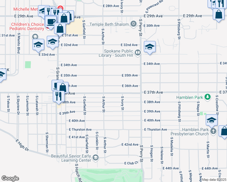 map of restaurants, bars, coffee shops, grocery stores, and more near 1018 East 37th Avenue in Spokane