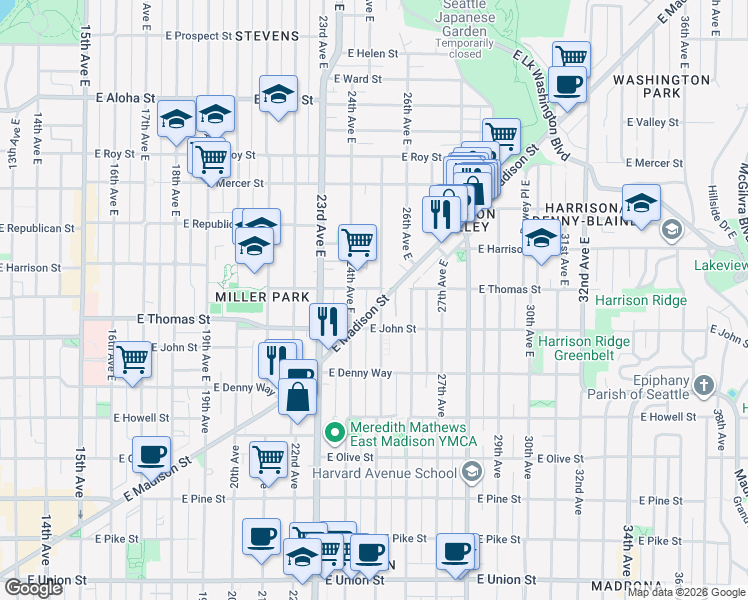 map of restaurants, bars, coffee shops, grocery stores, and more near 2424 East Madison Street in Seattle