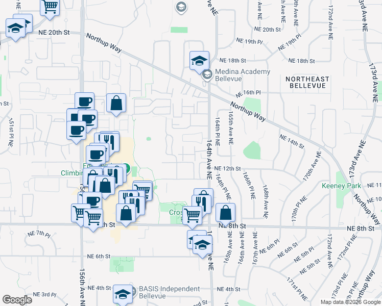 map of restaurants, bars, coffee shops, grocery stores, and more near 16225 Northeast 12th Court in Bellevue