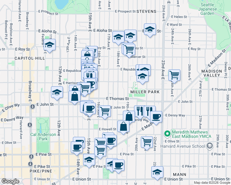 map of restaurants, bars, coffee shops, grocery stores, and more near 317 18th Avenue East in Seattle