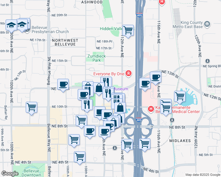 map of restaurants, bars, coffee shops, grocery stores, and more near 11018 Northeast 11th Street in Bellevue