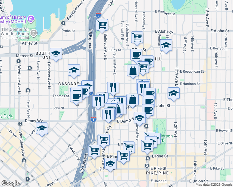 map of restaurants, bars, coffee shops, grocery stores, and more near 306 Summit Avenue East in Seattle