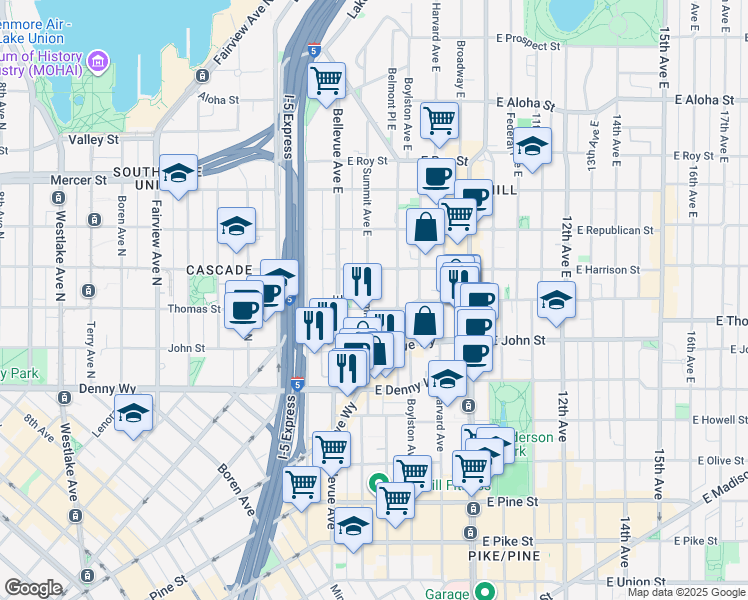map of restaurants, bars, coffee shops, grocery stores, and more near 226 Summit Avenue East in Seattle