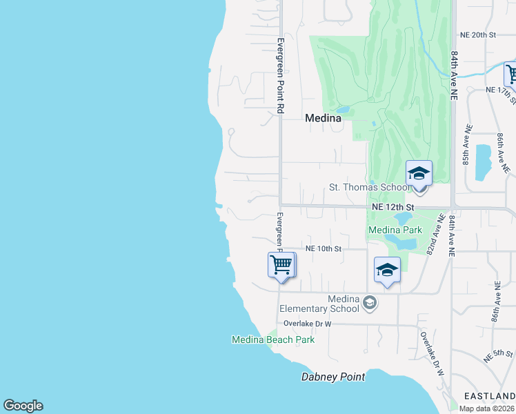 map of restaurants, bars, coffee shops, grocery stores, and more near 1135 Evergreen Point Road in Medina