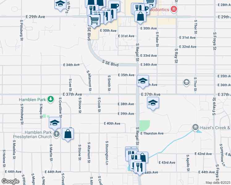 map of restaurants, bars, coffee shops, grocery stores, and more near 2636 East 37th Avenue in Spokane