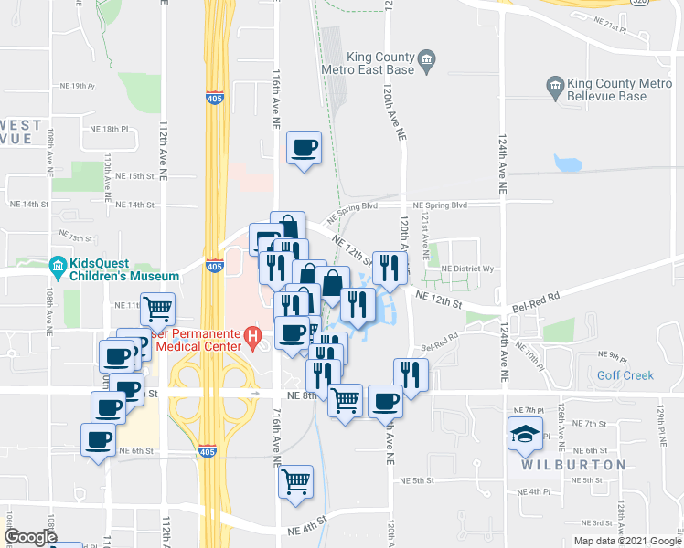 map of restaurants, bars, coffee shops, grocery stores, and more near 8 Lake Bellevue Drive in Bellevue