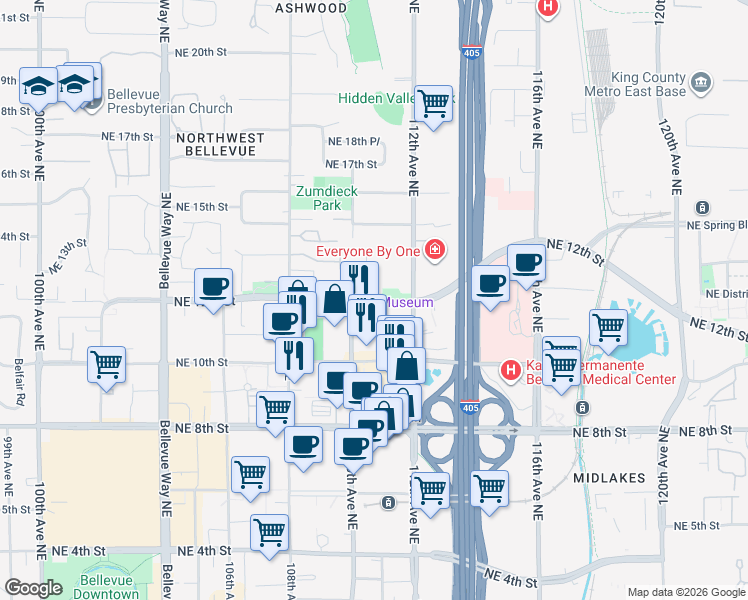 map of restaurants, bars, coffee shops, grocery stores, and more near 11018 Northeast 11th Street in Bellevue