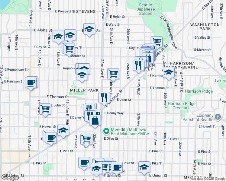 map of restaurants, bars, coffee shops, grocery stores, and more near 202 24th Avenue East in Seattle