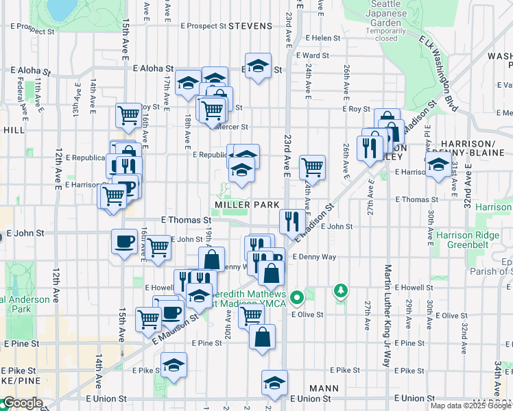 map of restaurants, bars, coffee shops, grocery stores, and more near 207 22nd Avenue East in Seattle