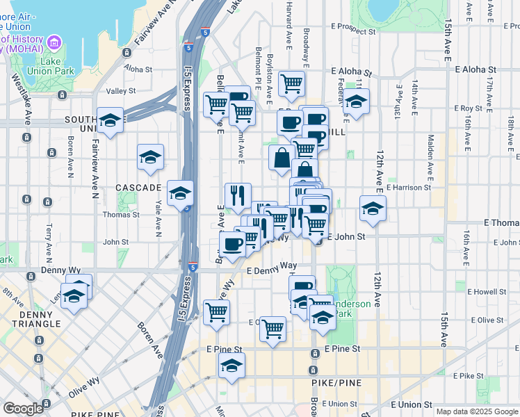 map of restaurants, bars, coffee shops, grocery stores, and more near 219 Boylston Avenue in Seattle