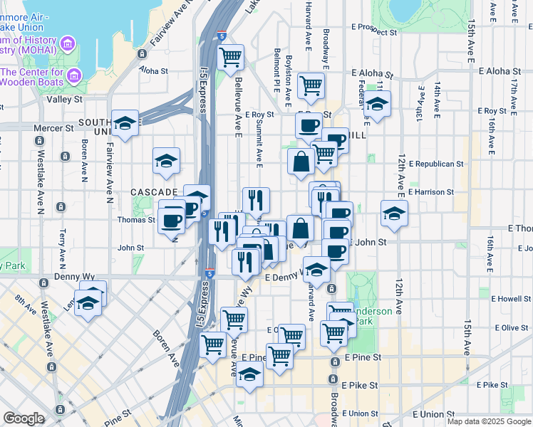 map of restaurants, bars, coffee shops, grocery stores, and more near 226 Summit Avenue East in Seattle