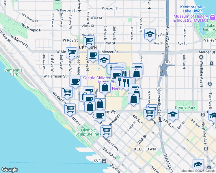 map of restaurants, bars, coffee shops, grocery stores, and more near 302 Thomas Street in Seattle