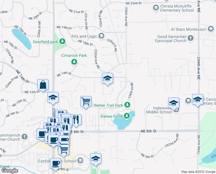map of restaurants, bars, coffee shops, grocery stores, and more near 23305 Northeast 14th Street in Sammamish