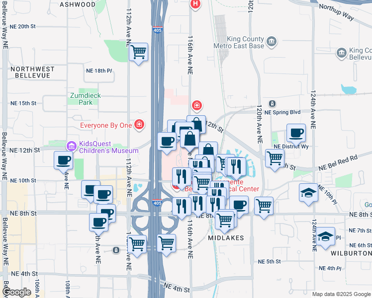 map of restaurants, bars, coffee shops, grocery stores, and more near 1231 116th Avenue Northeast in Bellevue
