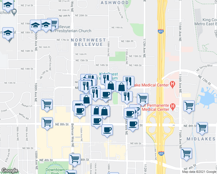 map of restaurants, bars, coffee shops, grocery stores, and more near NE 12th St & 108th Ave NE in Bellevue