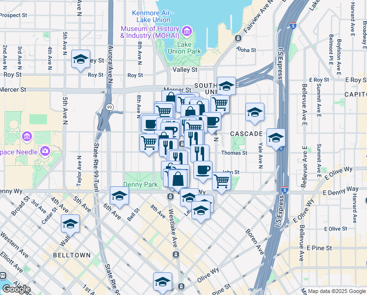 map of restaurants, bars, coffee shops, grocery stores, and more near 321 Terry Avenue North in Seattle