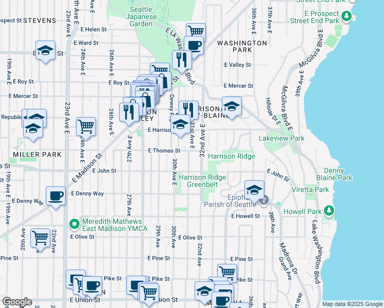 map of restaurants, bars, coffee shops, grocery stores, and more near 3103 East Thomas Street in Seattle