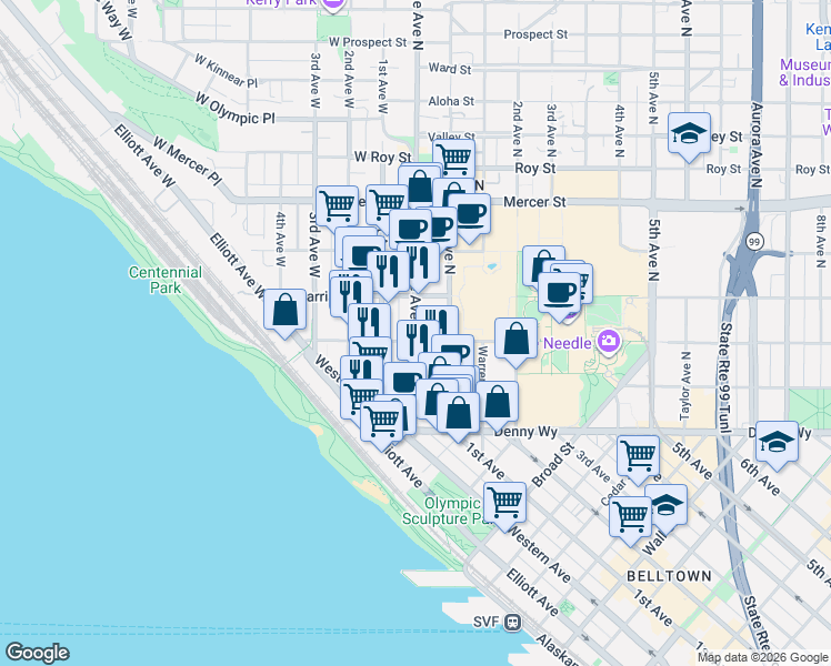 map of restaurants, bars, coffee shops, grocery stores, and more near 227 Queen Anne Avenue North in Seattle