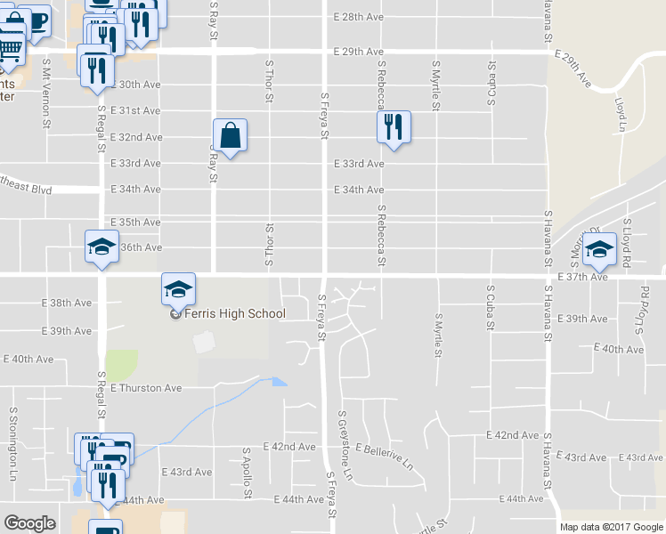 map of restaurants, bars, coffee shops, grocery stores, and more near 3607 East 37th Avenue in Spokane