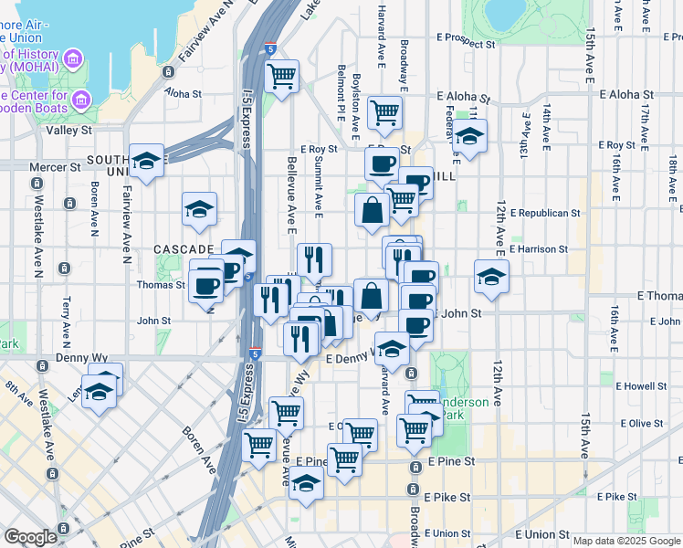 map of restaurants, bars, coffee shops, grocery stores, and more near 226 Summit Avenue East in Seattle