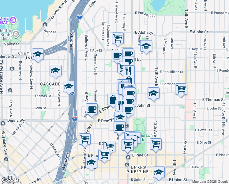 map of restaurants, bars, coffee shops, grocery stores, and more near 819 East Thomas Street in Seattle