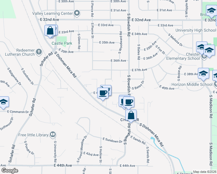 map of restaurants, bars, coffee shops, grocery stores, and more near 11205 East Dishman Mica Road in Spokane Valley