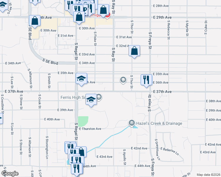 map of restaurants, bars, coffee shops, grocery stores, and more near 3203 East 37th Avenue in Spokane
