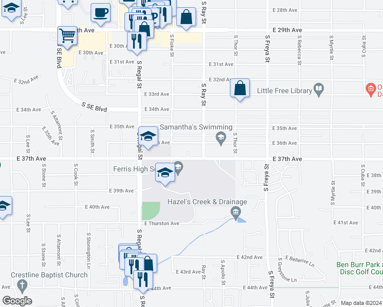 map of restaurants, bars, coffee shops, grocery stores, and more near 3141 East 37th Avenue in Spokane