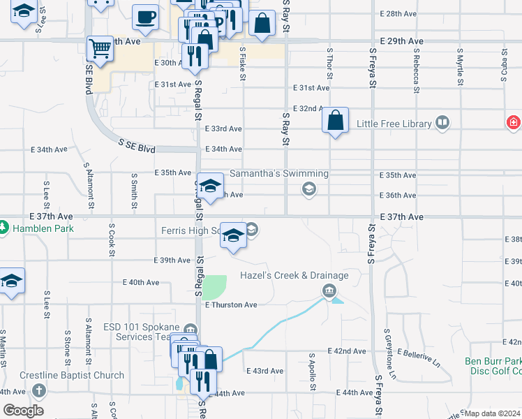 map of restaurants, bars, coffee shops, grocery stores, and more near 3141 East 37th Avenue in Spokane