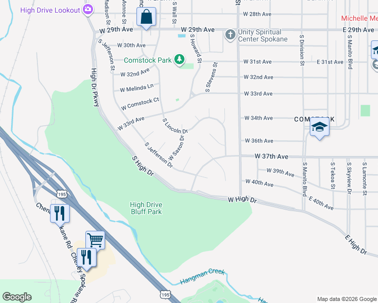 map of restaurants, bars, coffee shops, grocery stores, and more near 616 West Bradford Court in Spokane