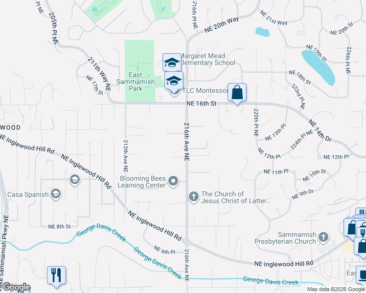 map of restaurants, bars, coffee shops, grocery stores, and more near 1211 216th Avenue Northeast in Sammamish