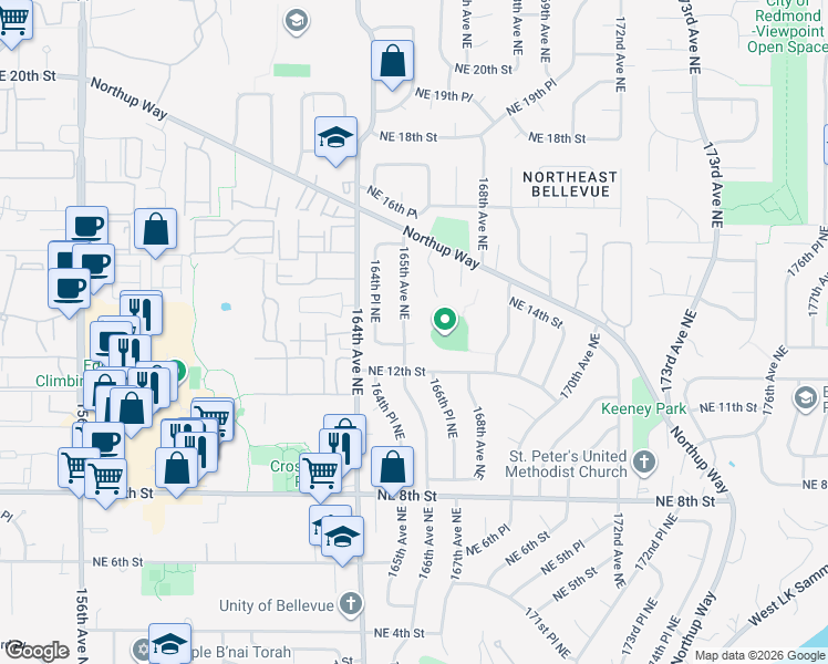 map of restaurants, bars, coffee shops, grocery stores, and more near 16504 Northeast 12th Street in Bellevue