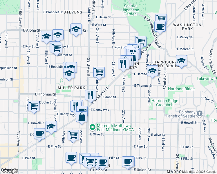 map of restaurants, bars, coffee shops, grocery stores, and more near 206 25th Avenue East in Seattle