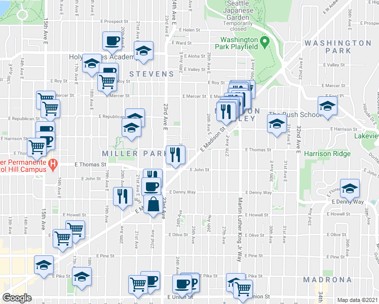 map of restaurants, bars, coffee shops, grocery stores, and more near 202 24th Avenue East in Seattle