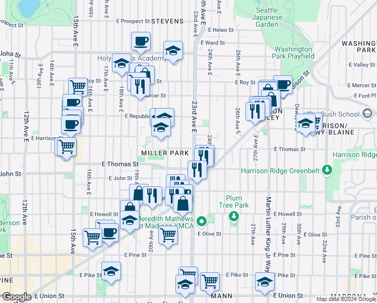 map of restaurants, bars, coffee shops, grocery stores, and more near in Seattle